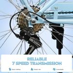 EISYROOD 26Inch Foldable Beach Cruiser Bike for Women, Womens Folding Bike with Basket, 7 Speed Commute Folding Bicycles with Cushion, V-Brakes, Quick Install for Adults, Womens (Blue)