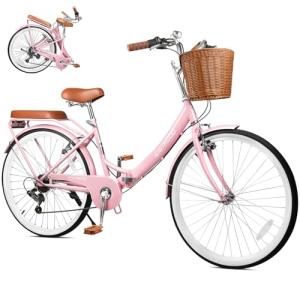 EISYROOD 26Inch Foldable Women Bike, Womens Folding Bike with Basket, 7 Speed Beach Cruiser Fodable Bike for Women with Cushion, V-Brakes, Quick Install for Adults, Womens (Pink)