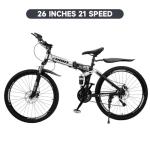Bruce & Shark 26" Folding Mountain Bike for Men, 21 Speeds Full Suspension Commuter Bicycle, High Carbon Steel & Disc Brakes, Portable City Outdoor Bike for Adult Youth Teen