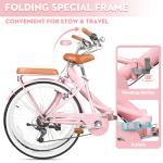 EISYROOD 26Inch Foldable Women Bike, Womens Folding Bike with Basket, 7 Speed Beach Cruiser Fodable Bike for Women with Cushion, V-Brakes, Quick Install for Adults, Womens (Pink)