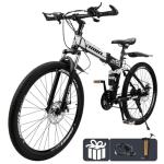 Bruce & Shark 26" Folding Mountain Bike for Men, 21 Speeds Full Suspension Commuter Bicycle, High Carbon Steel & Disc Brakes, Portable City Outdoor Bike for Adult Youth Teen