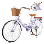 EISYROOD 26Inch Foldable Beach Cruiser Bike for Women, Womens Folding Bike with Basket, 7 Speed Hybird Commute Bicycles with Cushion, V-Brakes, Quick Install for Adults, Womens (Pruple)