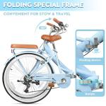 EISYROOD 26Inch Foldable Beach Cruiser Bike for Women, Womens Folding Bike with Basket, 7 Speed Hybird Commute Bicycles with Cushion, V-Brakes, Quick Install for Adults, Womens (Blue)