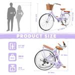 EISYROOD 26Inch Foldable Beach Cruiser Bike for Women, Womens Folding Bike with Basket, 7 Speed Hybird Commute Bicycles with Cushion, V-Brakes, Quick Install for Adults, Womens (Pruple)