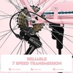 EISYROOD 26Inch Foldable Women Bike, Womens Folding Bike with Basket, 7 Speed Beach Cruiser Fodable Bike for Women with Cushion, V-Brakes, Quick Install for Adults, Womens (Pink)