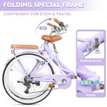 EISYROOD 26Inch Foldable Beach Cruiser Bike for Women, Womens Folding Bike with Basket, 7 Speed Hybird Commute Bicycles with Cushion, V-Brakes, Quick Install for Adults, Womens (Pruple)