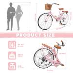 EISYROOD 26Inch Foldable Women Bike, Womens Folding Bike with Basket, 7 Speed Beach Cruiser Fodable Bike for Women with Cushion, V-Brakes, Quick Install for Adults, Womens (Pink)