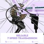 EISYROOD 26Inch Foldable Beach Cruiser Bike for Women, Womens Folding Bike with Basket, 7 Speed Hybird Commute Bicycles with Cushion, V-Brakes, Quick Install for Adults, Womens (Pruple)