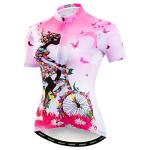 JPOJPO Womens Cycling Jersey Short Sleeve, Ladies Mountain Bike Shirts Bicycle Clothes Outfit Top for Cyclist Biking Cycle Riding Dirt Road BMX MTB Outdoor Running Workout Sports, Pink Girl Large