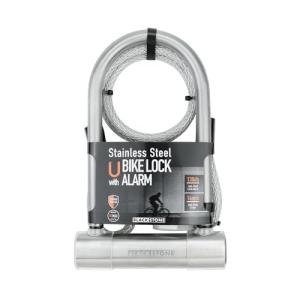 BLACKSTONE Stainless Steel U Bike Lock - 130dB Alarm, Reinforced 14mm Shackle - Ideal for Urban Cyclists & E-Bikes w/Double-Looped Steel Cable