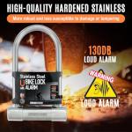 BLACKSTONE Stainless Steel U Bike Lock - 130dB Alarm, Reinforced 14mm Shackle - Ideal for Urban Cyclists & E-Bikes w/Double-Looped Steel Cable