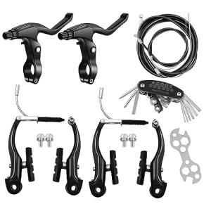 Hmfmdy Bike Brakes Set, Complete Brake kit for Most Bicycles Mountain Bike, Front and Rear Bike MTB Hybrid Brake, Callipers Cables Lever Kit, Multi-Tool Wrenches - Black