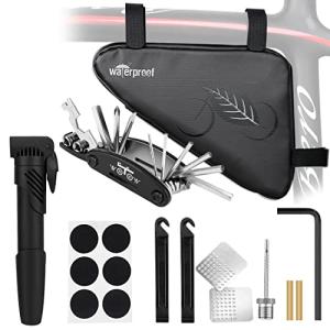 WOTOW Bike Repair Kit with Tire Pump, 2L Waterproof Bike Frame Bag for Phone Tools Accessories, 16 in 1 Multitool, Bike Glueless Patches Maintenance Essentials All in One Kits for Mountain Ebike (16)