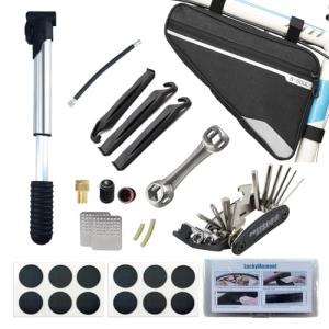 LuckyMoment Bike Repair Kit,Mini Bicycle Pump, Bike Tire Repair Tool Kit Contains 16-in-1 Tool, Water-Resistant Bike Triangle Pouch, Used for Mountain Bike and Road Bike.