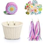Kid's Bicycle Basket,Colored Tassels Wicker Front Handlebar Bike Basket Handlebar with Streamers Bell and Stickers,Bicycle Decoration for Girls and Boys (White)