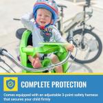 iBert Front Mounted Child Seat with Patented Mounting for Easy and Secure Installation - Child’s Bike Seat with 3-Point Safety Harness and Adjustable Foot Cups - Durable Plastic Shell, Green