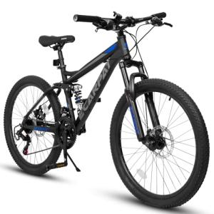 Dancongtea 27.5 Inch Full Suspension Mountain Bike, Front & Rear Shock Absorbers, Mechanical Disc Brakes, 21-Speed Steel Frame, for Men & Women, Outdoor & Fitness Cycling, Black