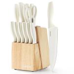 CAROTE 15Piece Knife Set, Kitchen Knife Block Set, Elegant White Ceramic-Coated Blades with Stylish Wooden Block for Modern Culinary Excellence