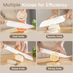 Astercook Knife Set, 13 Pieces Kitchen Knives Set with Ceramic Coating, Stainless Steel Chef Knife Sets with 6 Blade Guards, Dishwasher Safe Knives with Wooden Handle, White