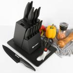 KATISUN 16 Pieces Kitchen Knife Block Set with Cutting Board, German Stainless Steel Knife Set with Sharpener, Dishwasher Safe, Anti-Slip Handle, 6 Steak Knives, Black