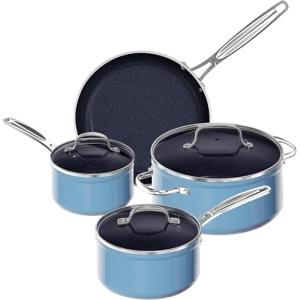 Nuwave 7pc Cookware Set Healthy Duralon Blue Ceramic Nonstick Coated, Diamond Infused Scratch-Resistant, PFAS Free, Oven Safe, Induction Ready & Evenly Heats, Tempered Glass Lids & Stay-Cool Handle