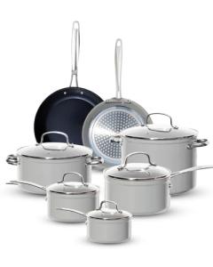 Nuwave Healthy G11-Pots and Pans Set Non Stick, 9H Near-Diamond Hardness Scratch-Resistant, Works on All Stovetops, PFAS Free, with Frying Pans, Saucepans & Glass Lids, Stay-Cool Handles, Cool Gray