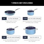 Nuwave 7pc Cookware Set Healthy Duralon Blue Ceramic Nonstick Coated, Diamond Infused Scratch-Resistant, PFAS Free, Oven Safe, Induction Ready & Evenly Heats, Tempered Glass Lids & Stay-Cool Handle