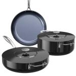 Nuwave Essential Series 5PC Ceramic Cookware Set PFAS-Free, G11 Duralon Blue Coating, Pots and Pans Set Non Stick, Diamond Scratch-Resistant,Stay-Cool Handle, Metal Lid,Induction Ready,Dishwasher Safe