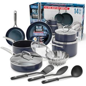 Blue Diamond 14 Piece Nonstick Cookware Set, Diamond Ceramic Pots & Pans, Dishwasher & Metal Utensil Safe, Non Toxic PFAS-Free, Kitchen Cooking Sauce & Saute Pans, Oven & Broiler to 600F, Blue