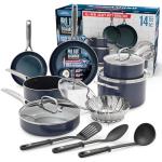 Blue Diamond 14 Piece Nonstick Cookware Set, Diamond Ceramic Pots & Pans, Dishwasher & Metal Utensil Safe, Non Toxic PFAS-Free, Kitchen Cooking Sauce & Saute Pans, Oven & Broiler to 600F, Blue