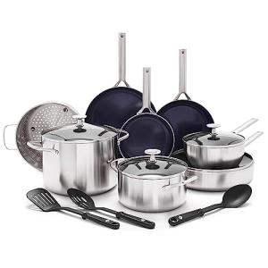 Blue Diamond 15 Piece Stainless Steel Tri-Ply Cookware Pots and Pans Set, Induction Compatible, Diamond Infused PFAS-Free Ceramic Nonstick, Dishwasher & Metal Utensil Safe, Scratch Resistant, Silver
