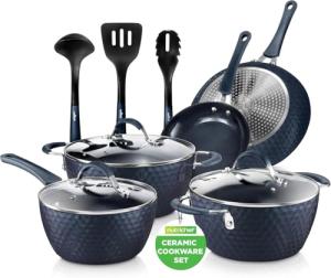 NutriChef 11 Piece Pots and Pans Set - Non Stick Cookware Set with Ceramic Coating, Cool-Touch Handles, Induction Ready, Includes Lids, and Utensils - Diamond Blue