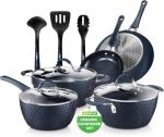 NutriChef 11 Piece Pots and Pans Set - Non Stick Cookware Set with Ceramic Coating, Cool-Touch Handles, Induction Ready, Includes Lids, and Utensils - Diamond Blue