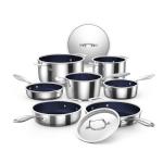 Nuwave Pro-Smart 9pc Stainless Steel Cookware Set, Healthy Duralon Blue Non-Stick Ceramic Coating, Heavy-Duty Tri-Ply Construction, Ergonomic Stay-Cool Handles, Induction-Ready & Works on All Cooktops