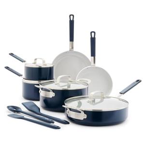 GreenPan x Bobby Flay 13 Piece Nonstick Cookware Pots and Pans Set, PFAS-Free Diamond Ceramic, Induction Suitable, Easy Clean Dishwasher & Oven Safe, Stay-Cool Silicone Handles, Glass Lids, Navy Blue