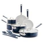 GreenPan x Bobby Flay 13 Piece Nonstick Cookware Pots and Pans Set, PFAS-Free Diamond Ceramic, Induction Suitable, Easy Clean Dishwasher & Oven Safe, Stay-Cool Silicone Handles, Glass Lids, Navy Blue