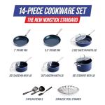 Blue Diamond 14 Piece Nonstick Cookware Set, Diamond Ceramic Pots & Pans, Dishwasher & Metal Utensil Safe, Non Toxic PFAS-Free, Kitchen Cooking Sauce & Saute Pans, Oven & Broiler to 600F, Blue