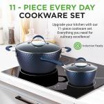 NutriChef 11 Piece Pots and Pans Set - Non Stick Cookware Set with Ceramic Coating, Cool-Touch Handles, Induction Ready, Includes Lids, and Utensils - Diamond Blue
