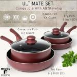 Moss & Stone 6 Pcs Nonstick Cookware Set, Pots And Pans Set Non stick With Glass Lid, Induction Cookware, Stay-Cool Handle PTFE/PFOA Kitchen Pots 6-Piece with Frying Pans & Saucepan, Burgundy