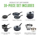 GreenLife 16 Piece Nonstick Cookware Set, Soft Grip Non-Toxic PFAS-Free Ceramic Pots & Pans, Dishwasher & Oven Safe, Frying, Sauce, Saute, Utensils, Glass Lids, Stay-Cool Handles, Wobble Free, Black