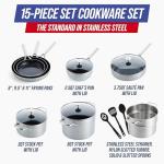 Blue Diamond 15 Piece Stainless Steel Tri-Ply Cookware Pots and Pans Set, Induction Compatible, Diamond Infused PFAS-Free Ceramic Nonstick, Dishwasher & Metal Utensil Safe, Scratch Resistant, Silver