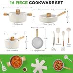 NutriChef 14-Piece pots and pans Set Ceramic Cookware Set - Induction Safe Pots and Pans with Glass Lids, Cool-Touch Handles, Dishwasher Safe, Includes Ladle, Tongs, Spatula, White