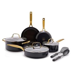 Blue Diamond Gold 10 Piece Cookware Pots and Pans Set, Induction Suitable, Diamond Infused PFAS-Free Ceramic Nonstick, Durable, Metal Utensil Safe, Dishwasher Safe, Gold Handle, Black