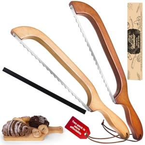 Woodever Bread Knife, 2 Pack Bread Slicer for Homemade Bread, 16'' Wooden Sourdough Bread Knife with Bow Design, Premium Stainless Steel Serrated Bread Cutter for Bagels and Baguettes (2 Pack)