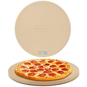 Unicook Pizza Stone for Grill Oven, 15 Inch Round Baking Stone, Heavy Duty Cordierite Bread Cooking Pan, Thermal Shock Resistant, Ideal for Making Crisp Crust Pizza, Bread and More, Includes Scraper