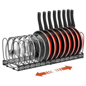 Housolution Pot and Pan Organizer Rack for Cabinet, Expandable Pot Lid Organizer Holder with 14 Adjustable Dividers, Fully Expanded Size 22.83" W x 7.09" D x 7.09" H, Black