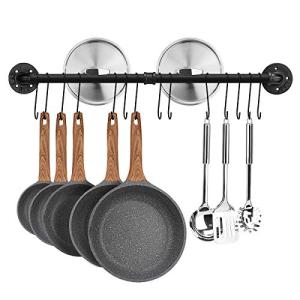Toplife 31.5 inch Pot Rack, Kitchen Wall Mounted Detachable Pan Lid Utensils Organizer Hanging Rail with 14 Hooks, Black