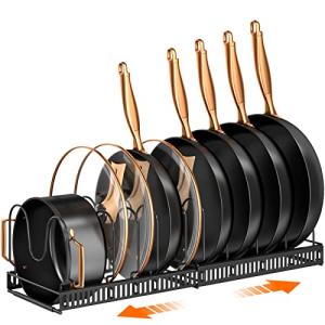 MUDEELA Pots and Pans Organizer Rack for under Cabinet, Expandable 11.81''-22.85'' Pot Lid Kitchen Cabinet Organizer Holder with 10 Adjustable Compartment Cutting Board Organizer for Pan Lid, Bakeware