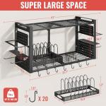 31 Inch Pot Rack Wall Mounted，3 in 1 Pots and Pans Organizer with 2 tier Kitchen Racks & Pot Lid Organizer Holder and 20 Hooks,Heavy Duty Hanging Pot Hanger for Kitchen Cookware, Utensils, Black