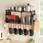 31 Inch Pot Rack Wall Mounted，3 in 1 Pots and Pans Organizer with 2 tier Kitchen Racks & Pot Lid Organizer Holder and 20 Hooks,Heavy Duty Hanging Pot Hanger for Kitchen Cookware, Utensils, Black